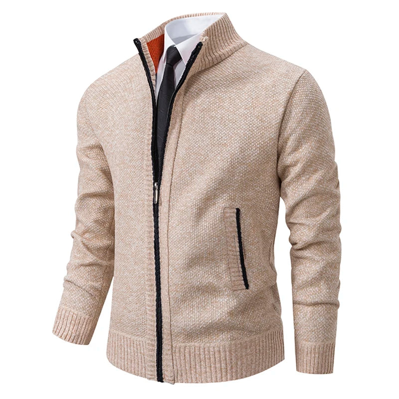 Men's Casual Sports Coat Solid Color Stand Collar Wweater Grab Fleece Warm Zipper Cardigan