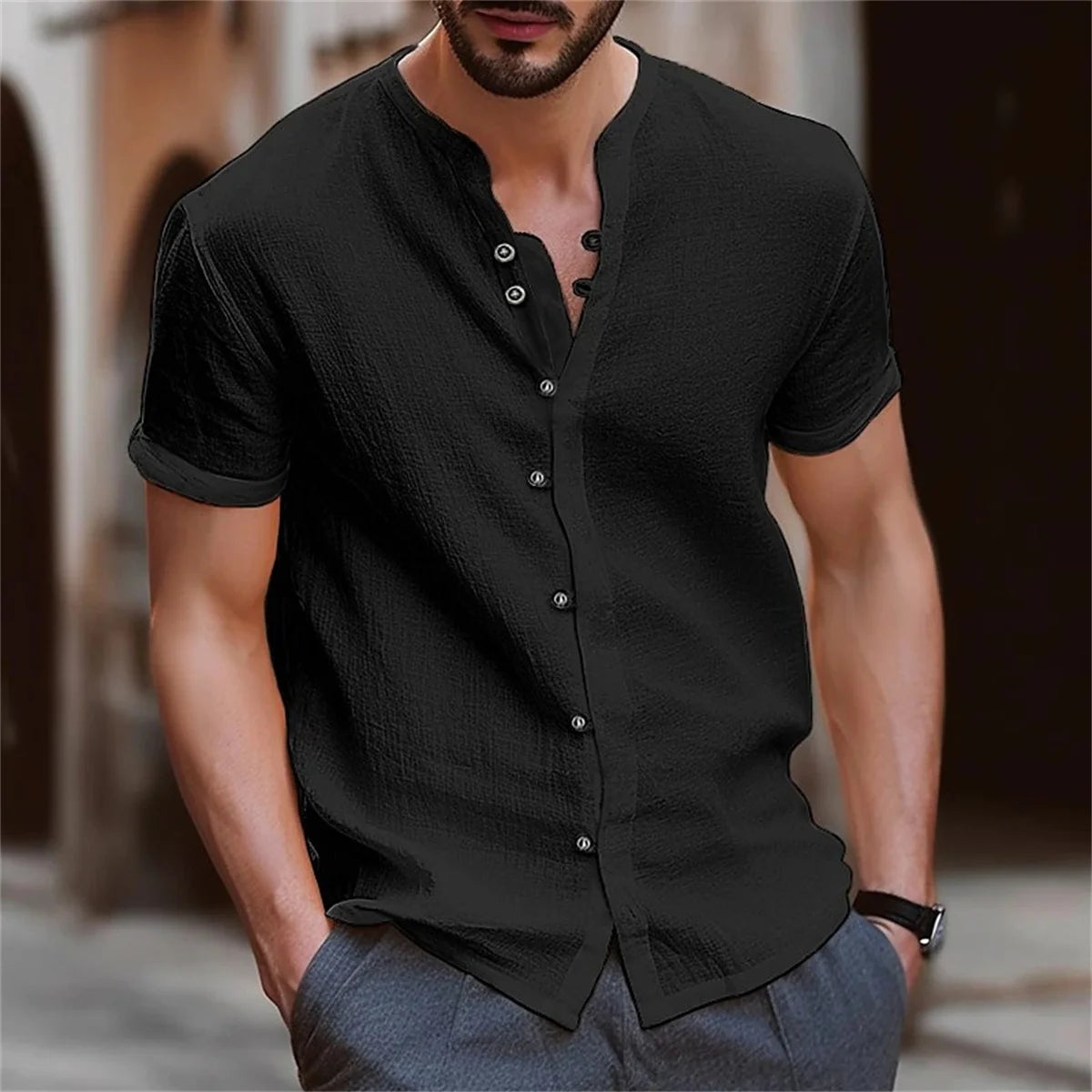 Men's Shirt Cotton Short Sleeve Casual Solid Color Retro Street Style British Style Summer Loose Collar Simple Cardigan