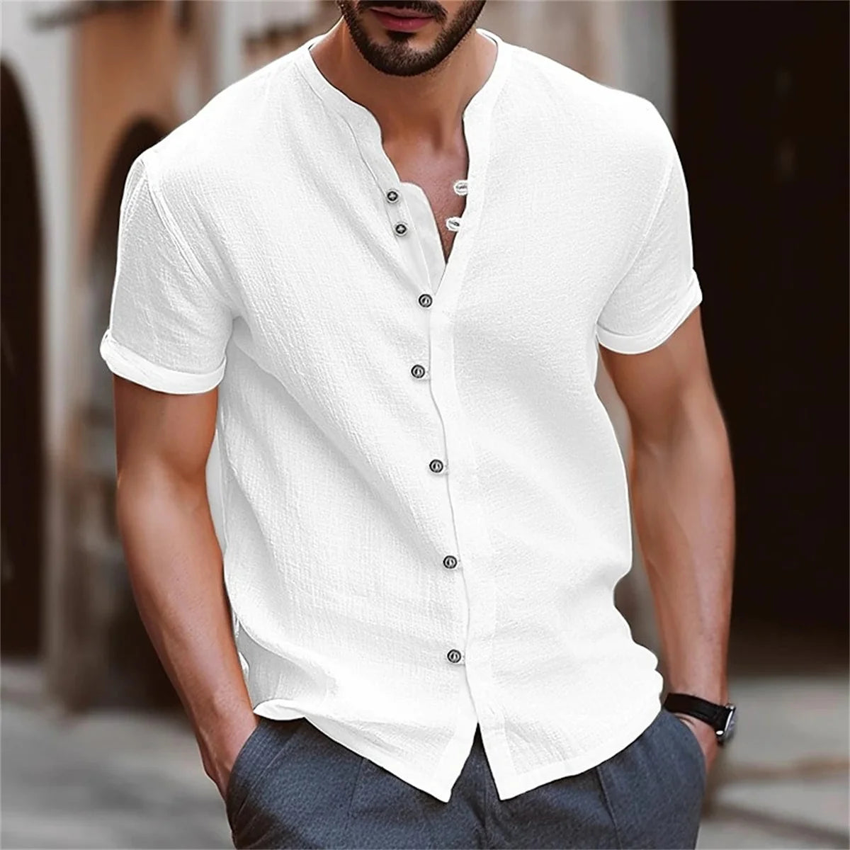 Men's Shirt Cotton Short Sleeve Casual Solid Color Retro Street Style British Style Summer Loose Collar Simple Cardigan