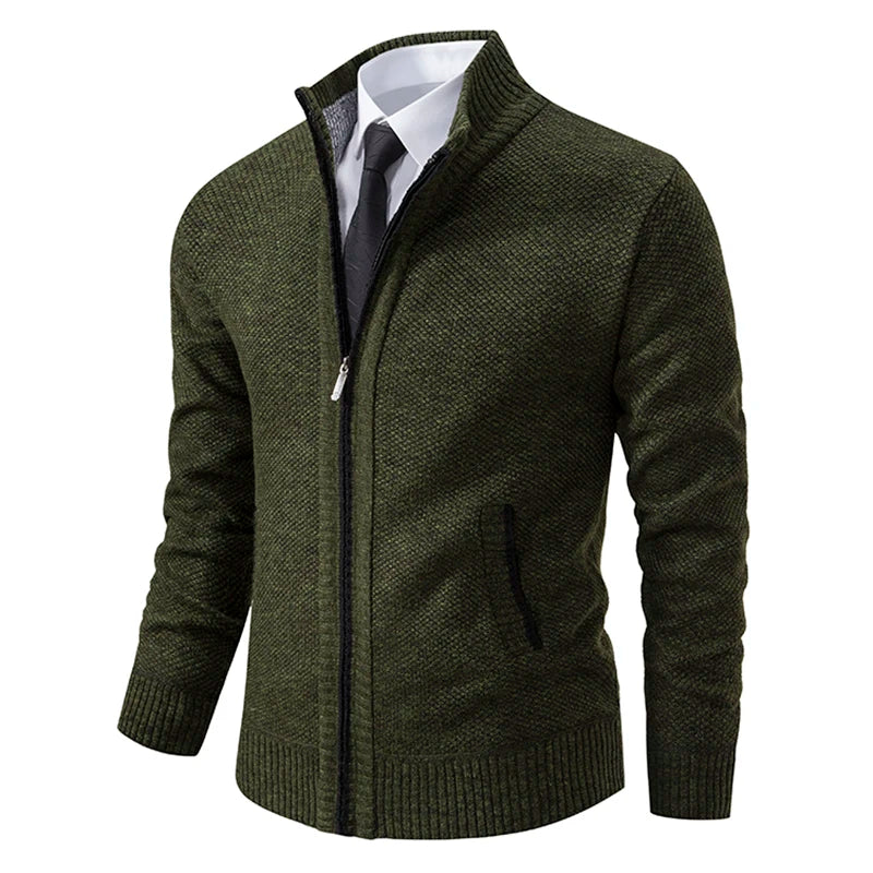 Men's Casual Sports Coat Solid Color Stand Collar Wweater Grab Fleece Warm Zipper Cardigan