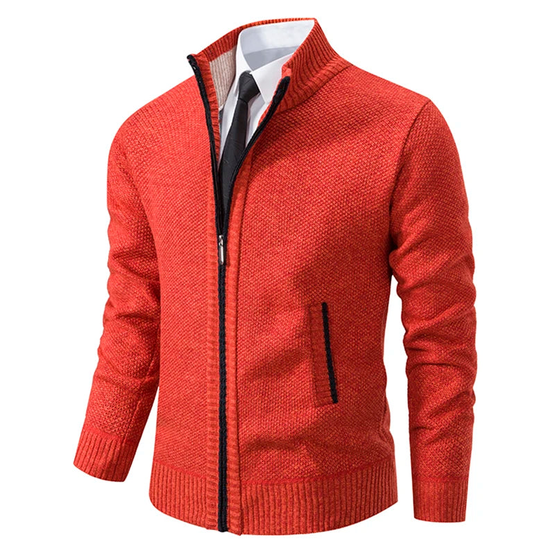 Men's Casual Sports Coat Solid Color Stand Collar Wweater Grab Fleece Warm Zipper Cardigan