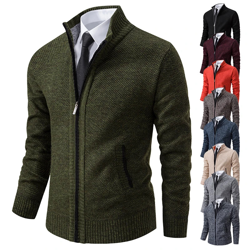 Men's Casual Sports Coat Solid Color Stand Collar Wweater Grab Fleece Warm Zipper Cardigan