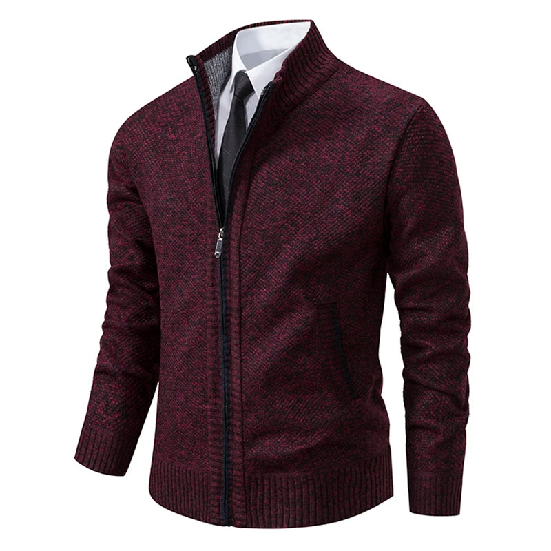 Men's Casual Sports Coat Solid Color Stand Collar Wweater Grab Fleece Warm Zipper Cardigan