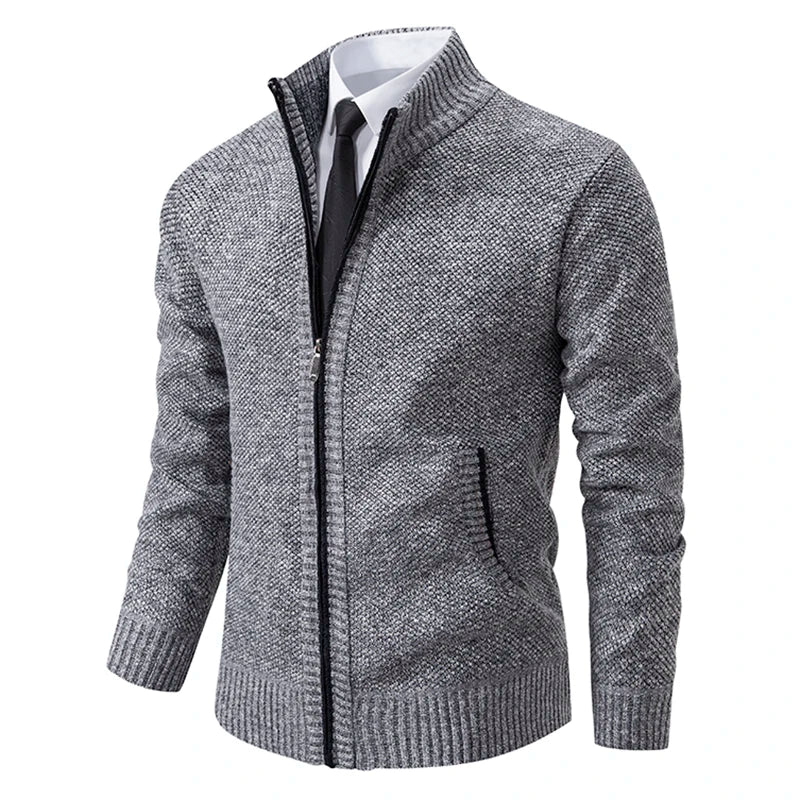 Men's Casual Sports Coat Solid Color Stand Collar Wweater Grab Fleece Warm Zipper Cardigan