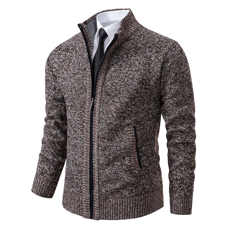 Men's Casual Sports Coat Solid Color Stand Collar Wweater Grab Fleece Warm Zipper Cardigan