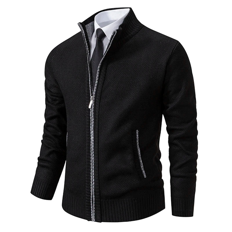 Men's Casual Sports Coat Solid Color Stand Collar Wweater Grab Fleece Warm Zipper Cardigan