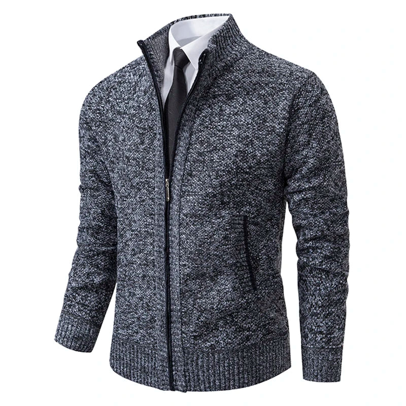 Men's Casual Sports Coat Solid Color Stand Collar Wweater Grab Fleece Warm Zipper Cardigan