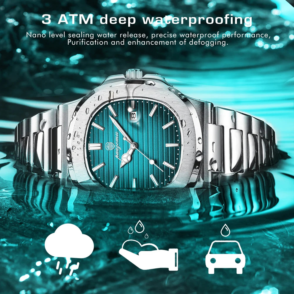 2024 POEDAGAR Luxury Watch Business Waterproof Male Clock Luminous Date Stainless Steel Square Quartz Men Watch Reloj Hombre