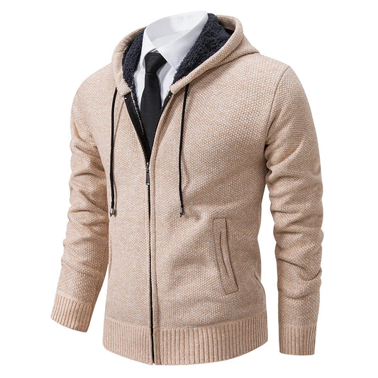 Men's Casual Sports Coat Solid Color Stand Collar Wweater Grab Fleece Warm Zipper Cardigan